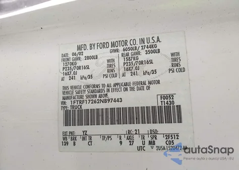 2002 Ford F-150 Xl/Xlt z USA, uszkodzony, nr VIN 1FTRF17262NB97443